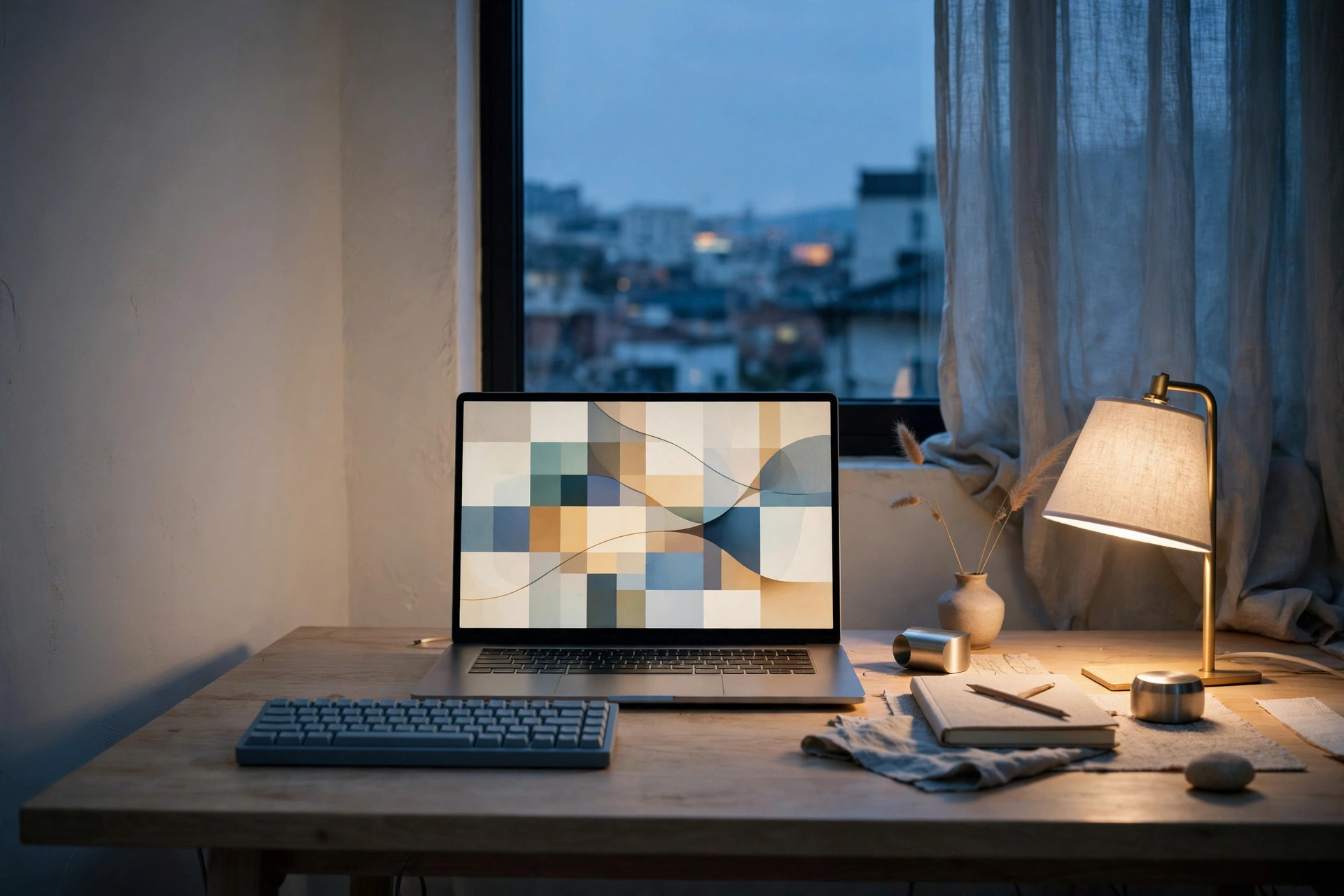 Laptop und Tastatur auf einem warm beleuchteten Arbeitsplatz